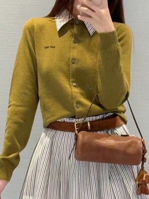 미우*우 스트라이프 셔츠 카라 울 캐시미어 믹스 니트 가디건